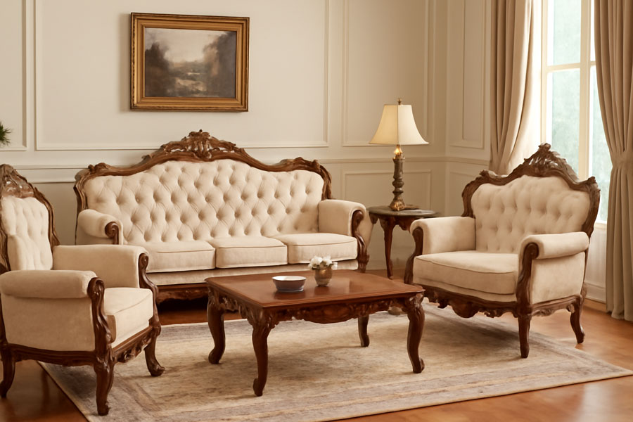 چیدمان مبل کلاسیک در پذیرایی مستطیل شکل کوچک